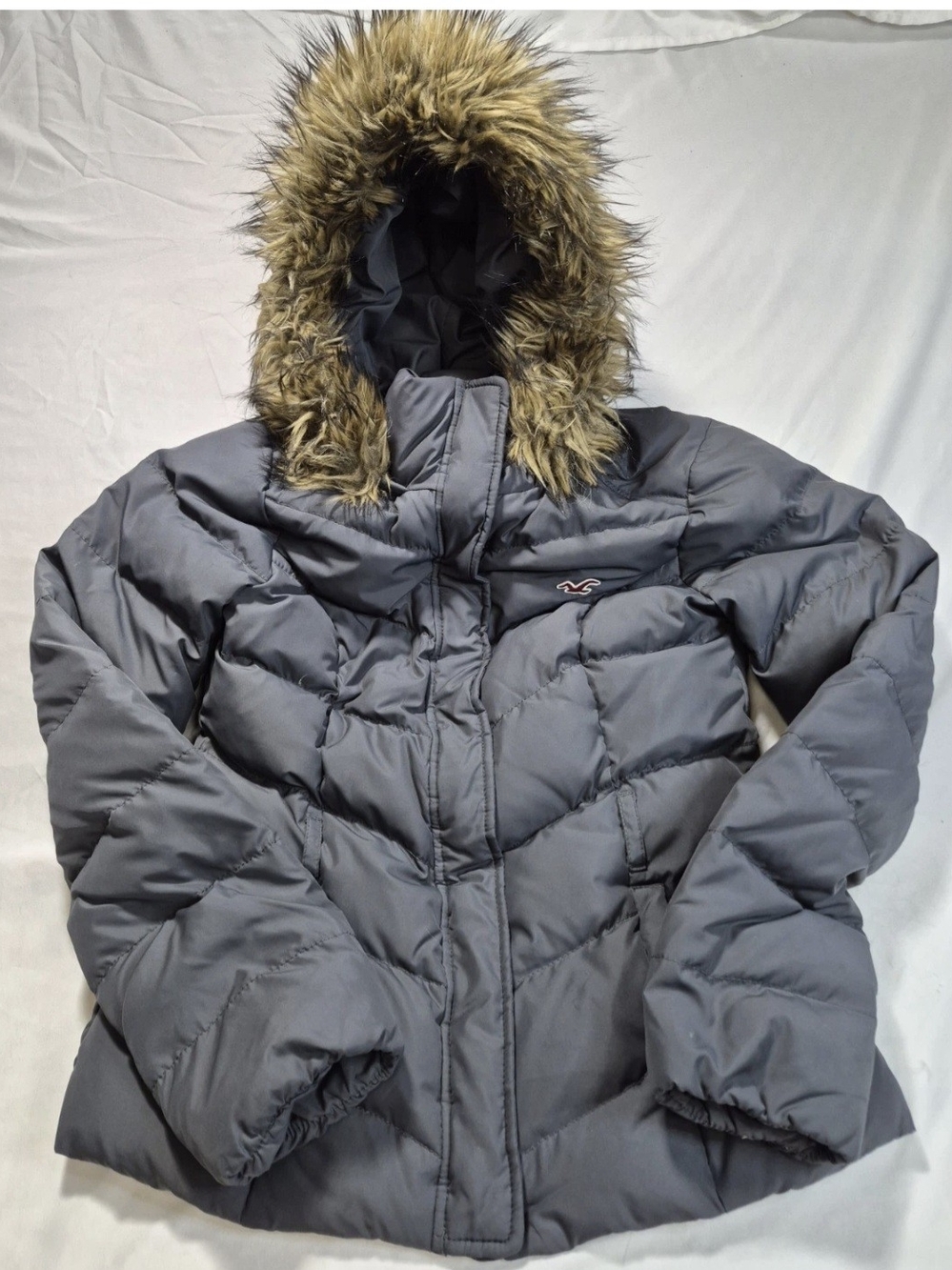 Hollister Charcoal Puffer Jacket with Faux Fur Trimmed Hood